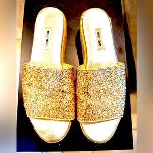 Miu Miu leather gold glitter platform espadrilles. Size 39